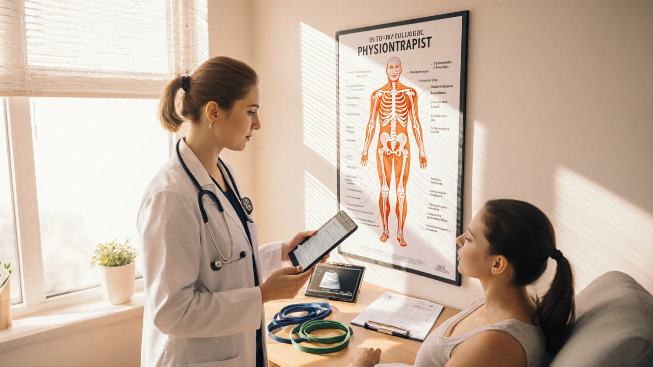 Fyzioterapeut vyšetřuje pacienta u anatomického plakátu, kolem jsou terapeutické pomůcky.