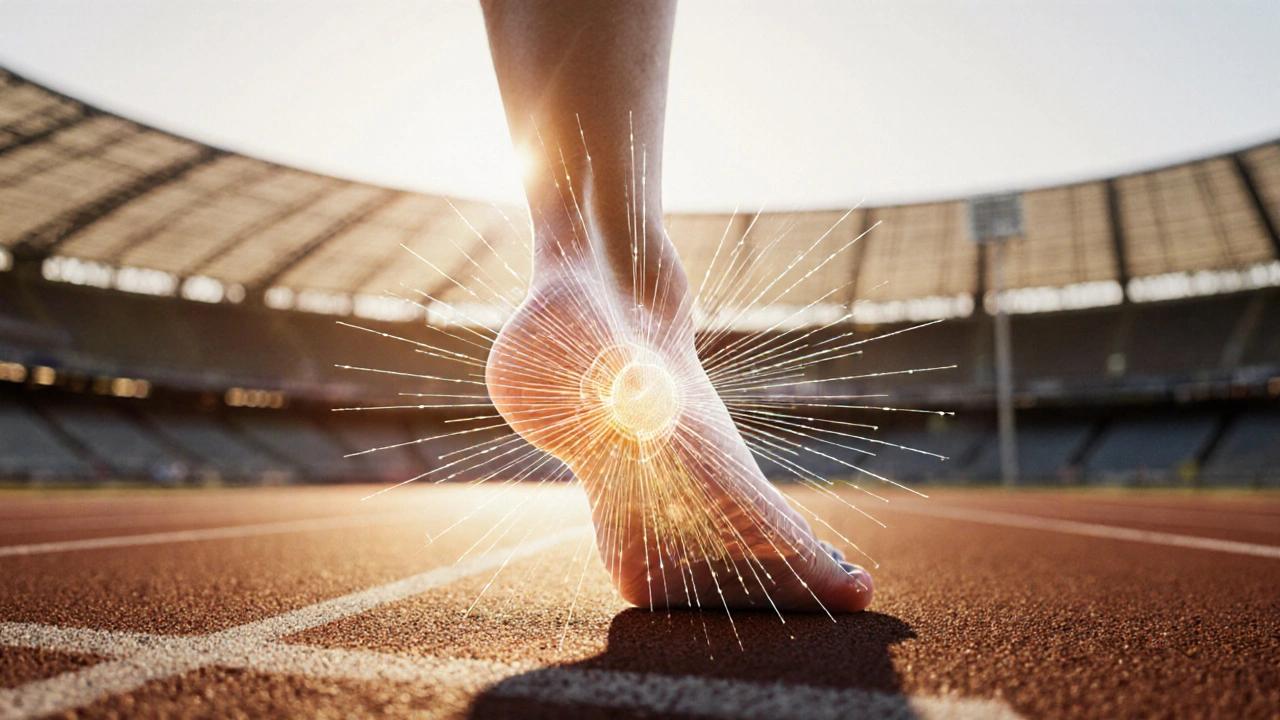 Atletova noha při běhu s viditelným napětím plantární fascie.