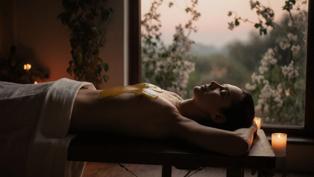 Člověk po ayurvédské masáži klidně spí s leskem oleje na kůži.