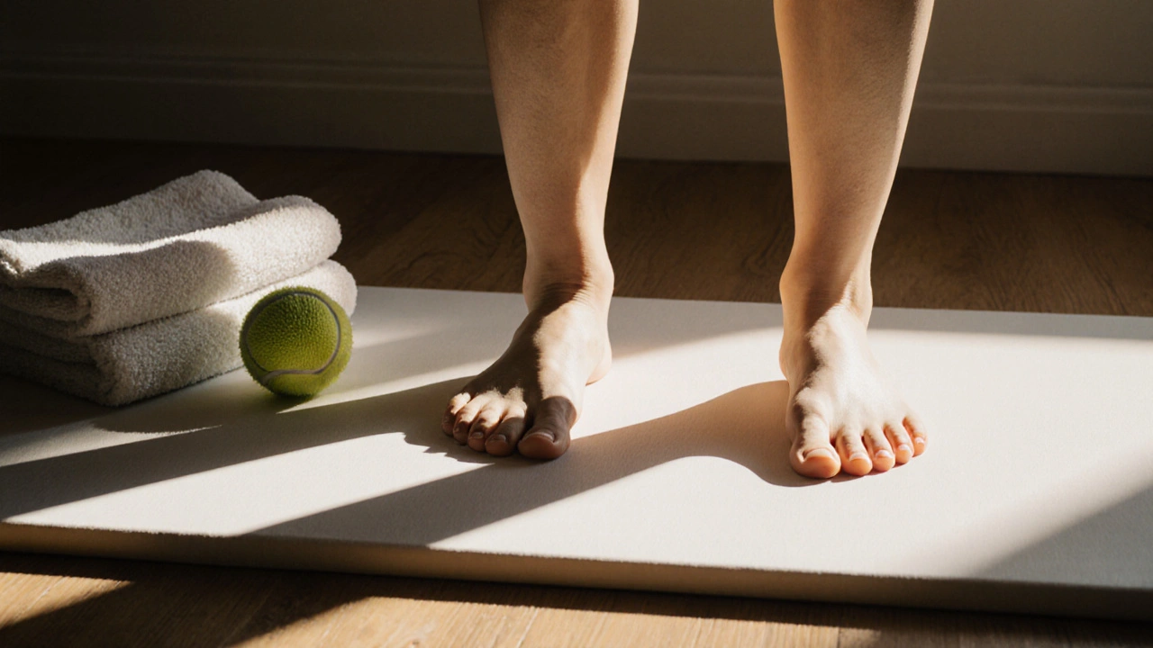 Dvě nohy na podlaze, jedna výše než druhá, s míčkem a ručníkem jako nástroji pro srovnání kyčlí.