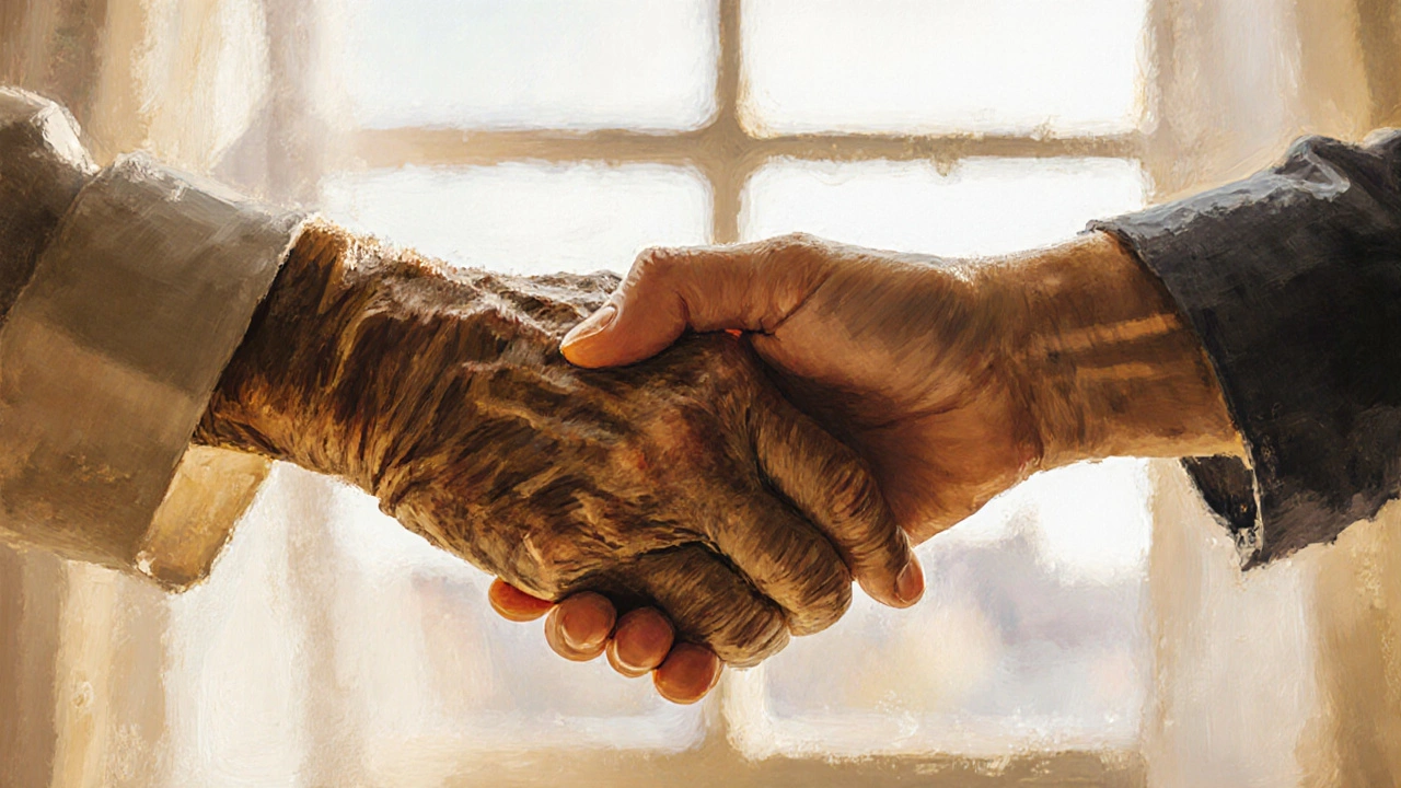 Dvě ruce se jemně dotýkají — jedna stará, jedna mladá — v tichém okamžiku lidské blízkosti.