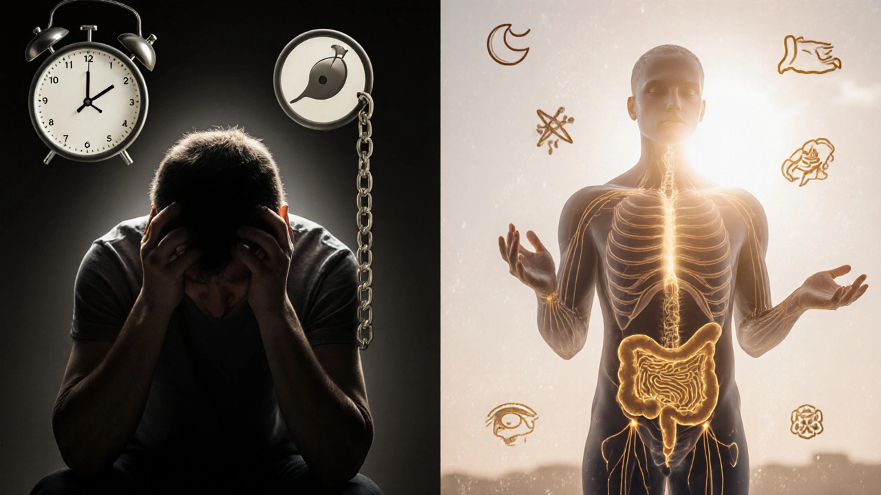 Kontrast mezi stresovaným a vyrovnaným stavem těla s energetickými proudy.