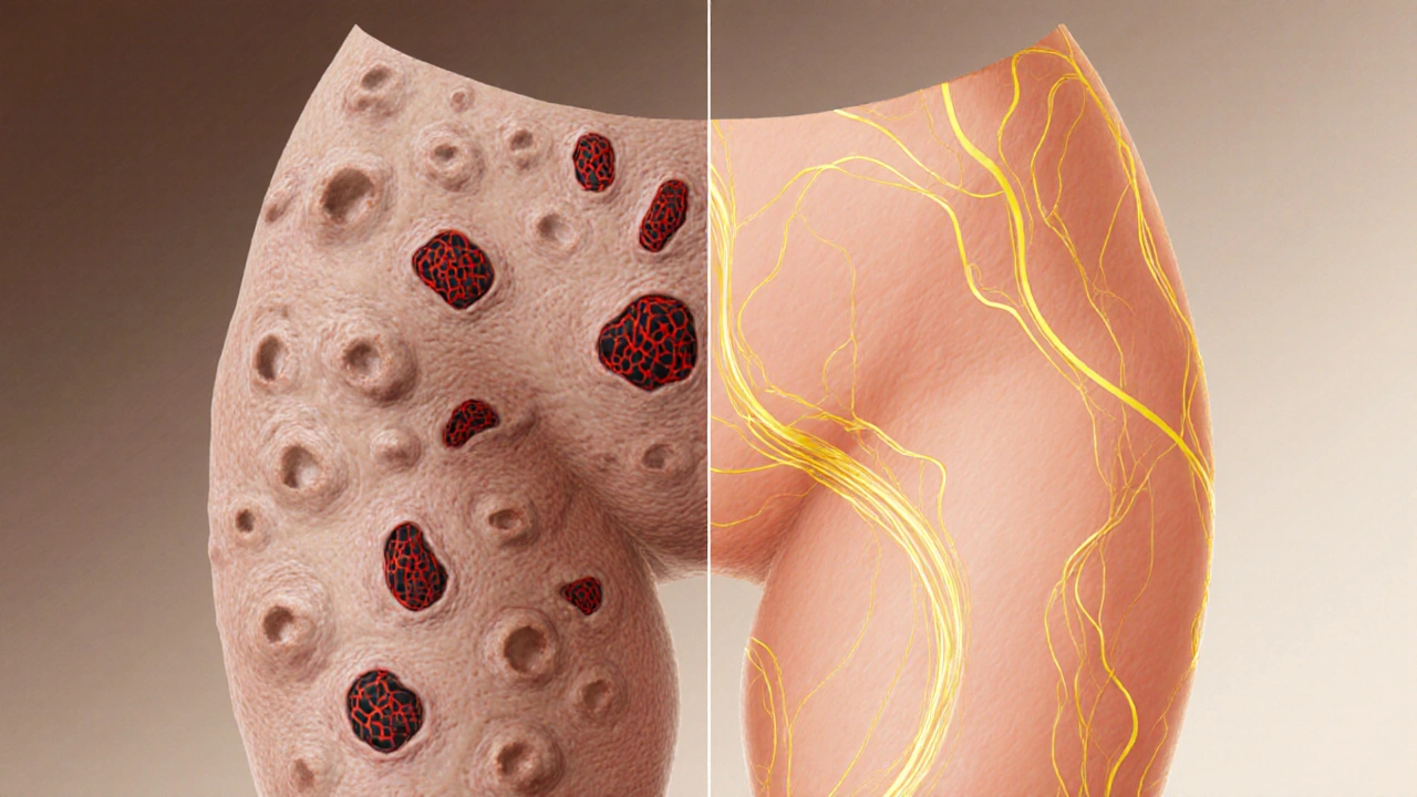 Porovnání struktury celulitidy: nerovná kůže vlevo a hladká kůže vpravo s představou lymfatického toku.