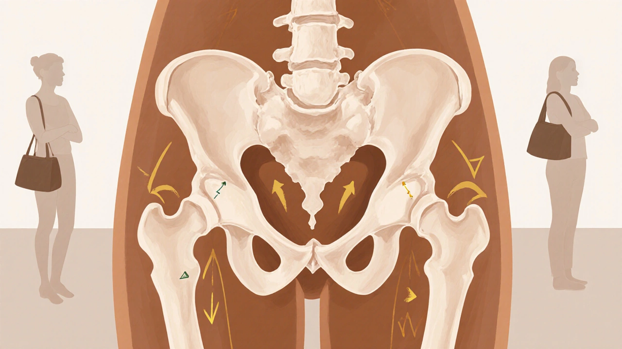 Přehledový nákres kyčelního kloubu s posunem a směry korekce, zviditelněnými kostmi a svaly.
