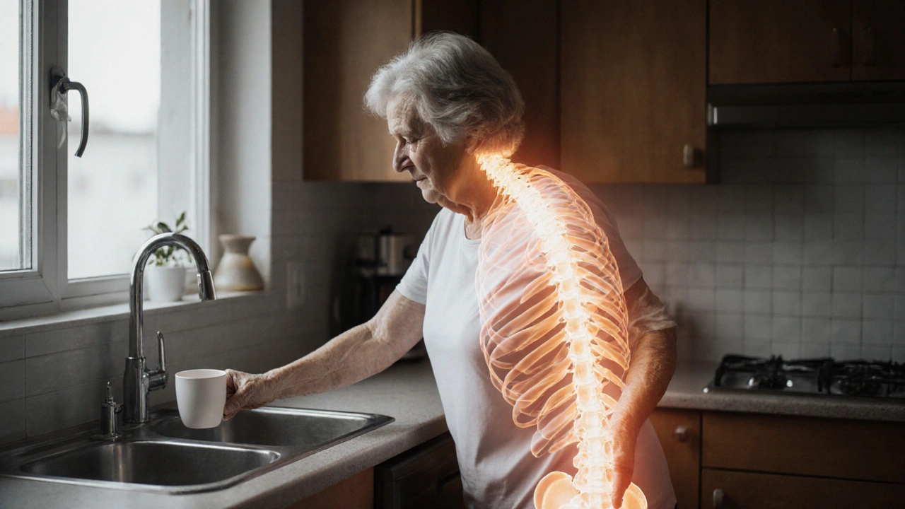 Starší žena se snaží zvednout hrnek, zatímco její tělo obnovuje pohyblivost.