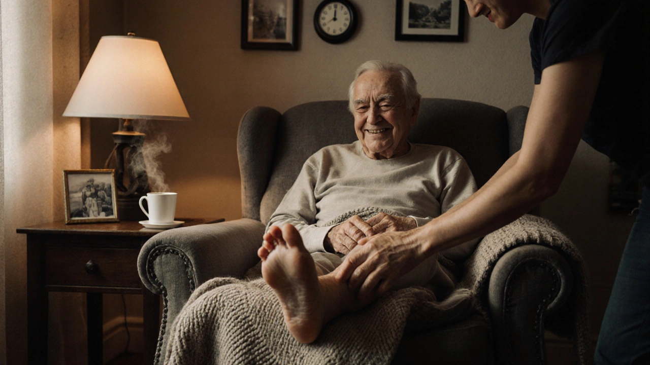 Starý muž si nechává masírovat nohy doma, zatímco jeho rodina sedí vedle něj v klidné místnosti.