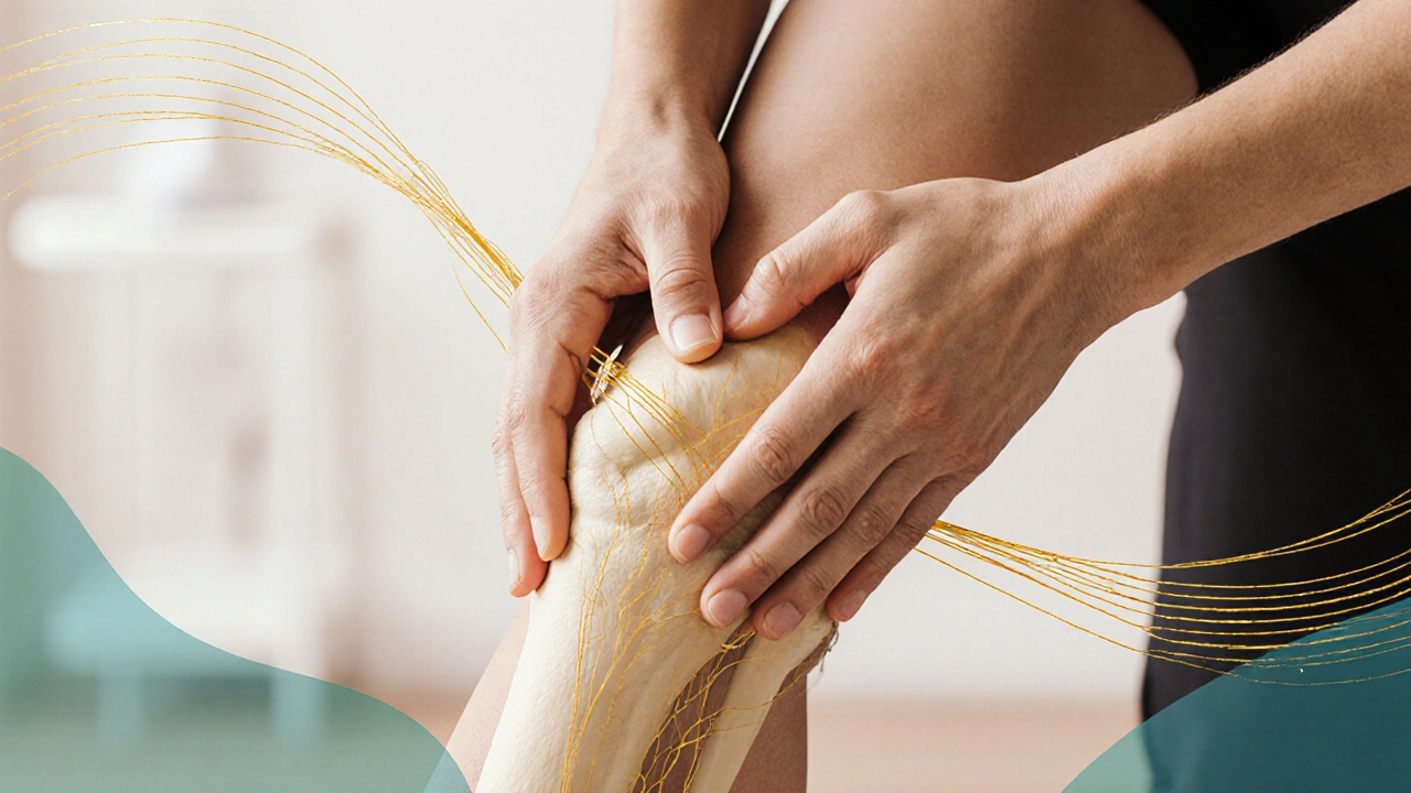 Terapeut uvolňuje pojivovou tkáň kolem kolena pomocí myofasciální techniky.