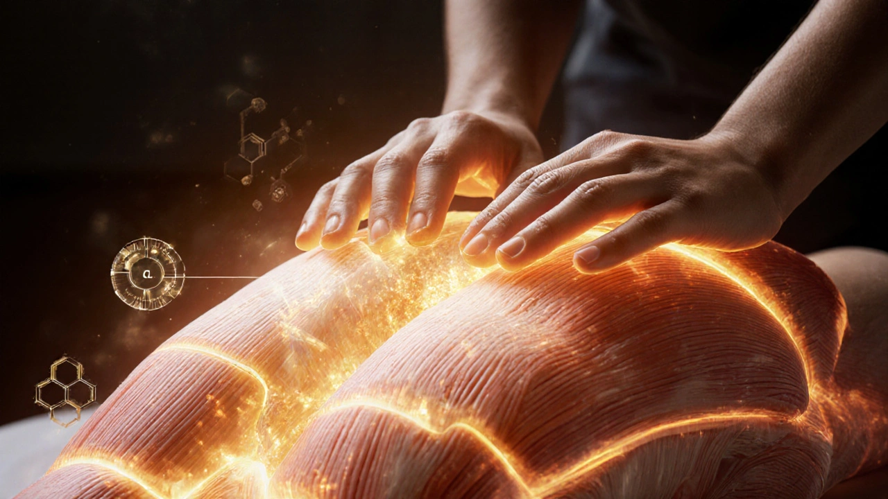 Terapeutka pracuje na hlubokých tkáních s vizualizací uvolňování zánětlivých látek.