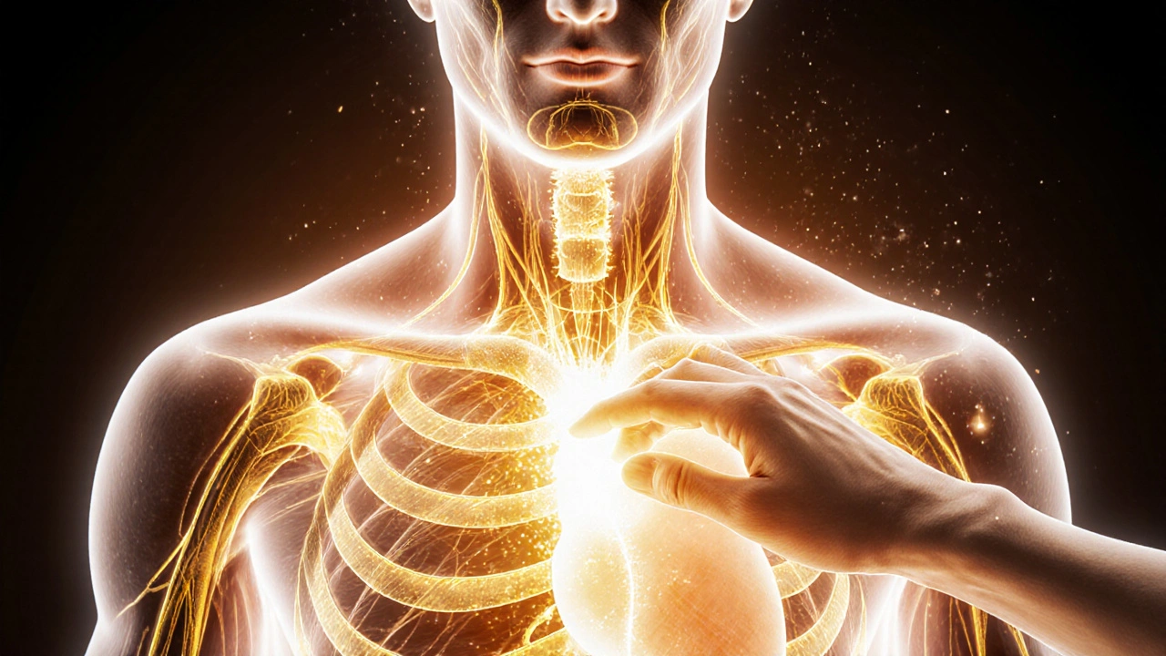 Tradiční čínský výkres těla s proudícími energetickými kanály a body tlaku.