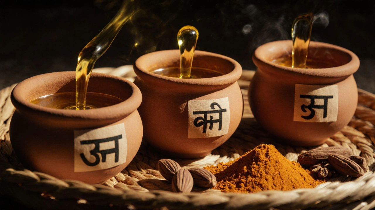 Tři nádoby s ayurvédskými oleji a bylinami na pleteném podnosu.