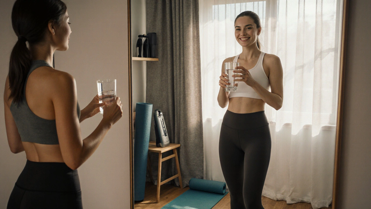 Žena se dívá do zrcadla a vidí zlepšení kůže, drží sklenici vody, symbolizující udržování výsledků.