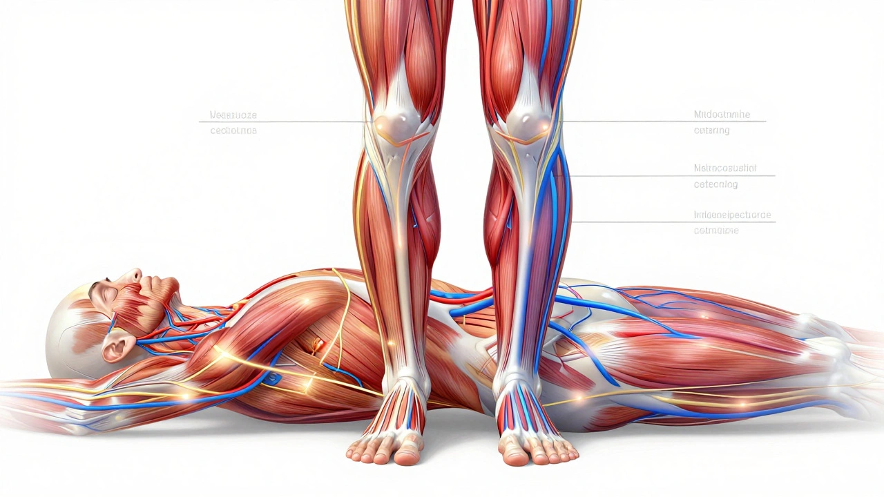 Abstraktní znázornění krevního oběhu a odstraňování odpadních látek ve svalové tkáni.