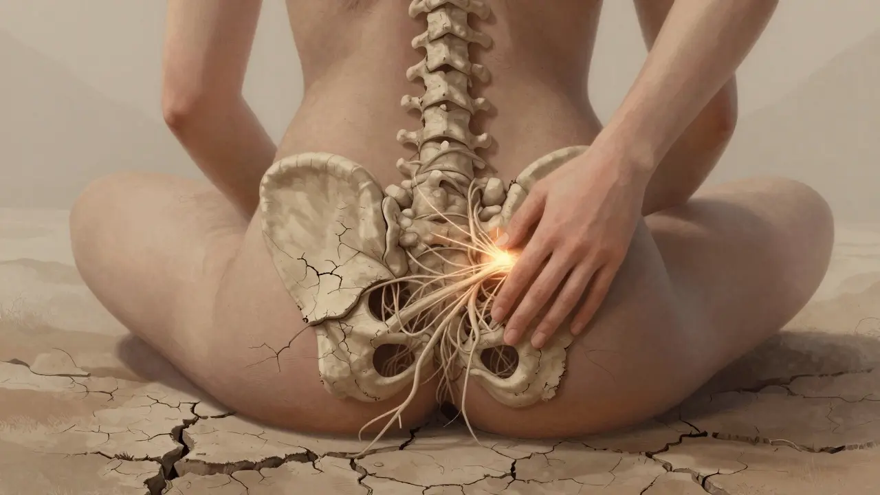 Abstraktní znázornění ztuhlé pojivové tkáně v kříži, která se uvolňuje pod jemným tlakem.