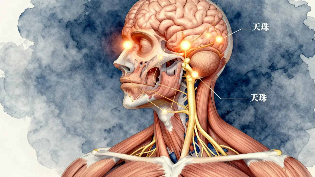 Ilustrace s anatomickými body tlaku na krku a čele spojenými zlatými čarami k mozku.