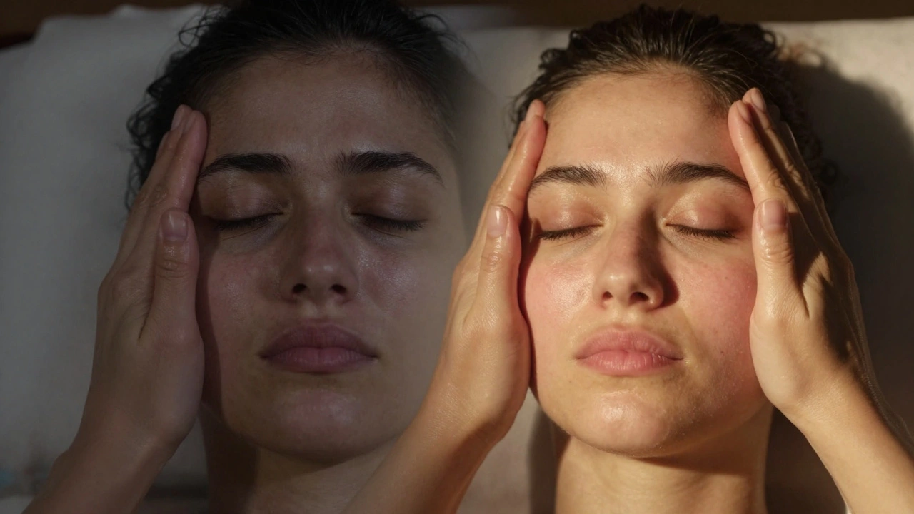 Kontrast mezi napjatou a uvolněnou tváří symbolizující účinek masáže.