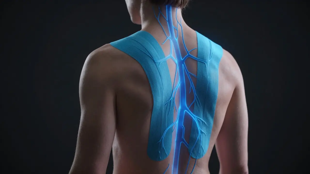 Přehled těla s viditelným zlepšením lymfatického toku pod kinesiologickým tejpem