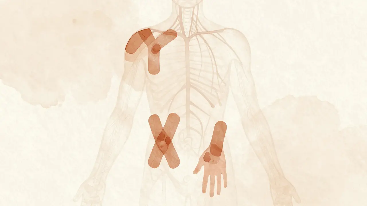 Průřez lidského těla s přehledem tvarů kinesiologického tejpování na rameni, kolenu a zápěstí.