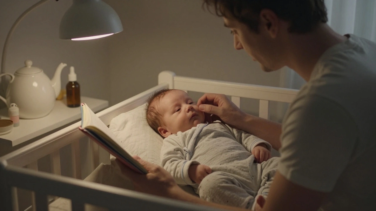 Rodič čte kolébku novorozenci v křesle vedle postýlky.