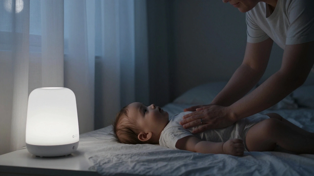 Rodič klidně drží ruku na bříšku probuzeného novorozence v noci.