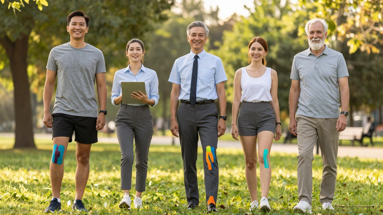 Různí lidé s tejpem na těle aktivně pohybují v parku.