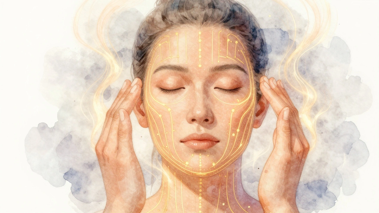 Vizualizace energetických linií obličeje jako zlatých paprsků pod kůží.