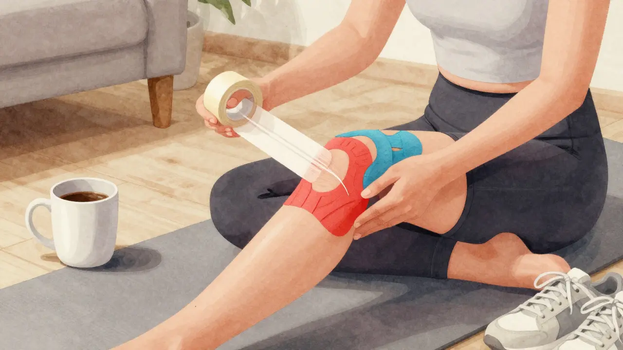 Žena aplikující kinesiologický tejp na koleno doma s běžnými předměty v pozadí
