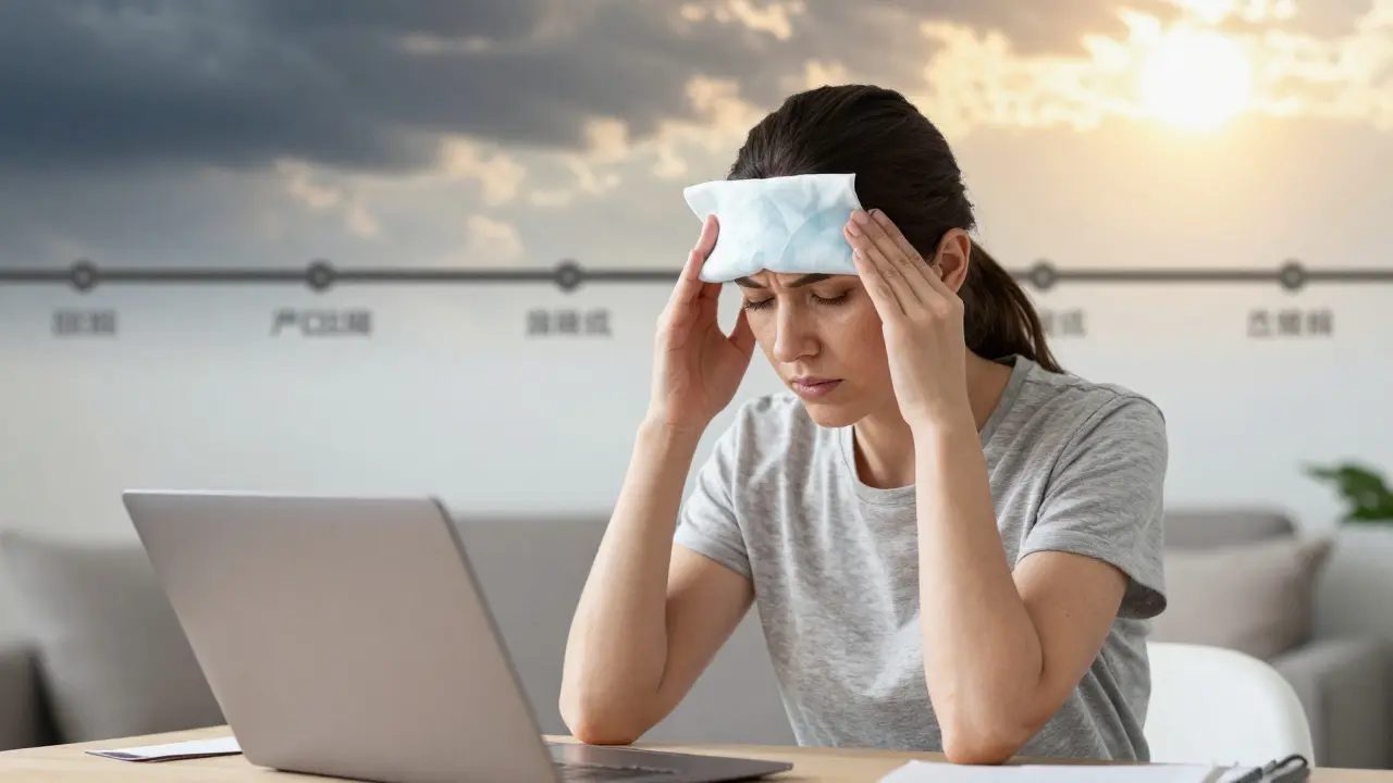 Žena masíruje zátylek a drží chladný obklad na čele při práci u počítače.
