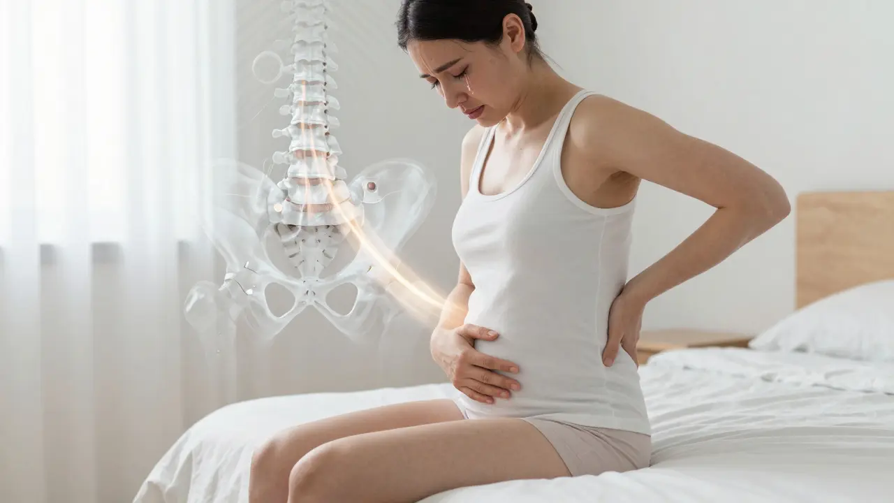 Žena po porodu sedí v klidu, cítí úlevu po Breussové masáži, světlo symbolizuje uvolnění.