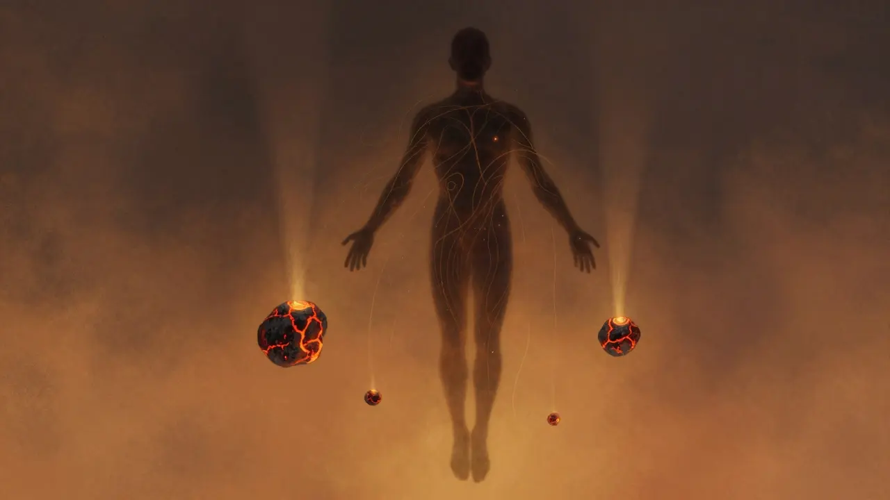 Abstraktní znázornění těla obklopeného svítícími lávovými kameny, symbolizujícími uvolnění napětí a štěstí.