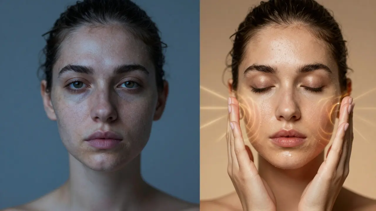 Dvě strany obličeje: matná vs. zářivá kůže, symbolizující účinek Shiatsu.