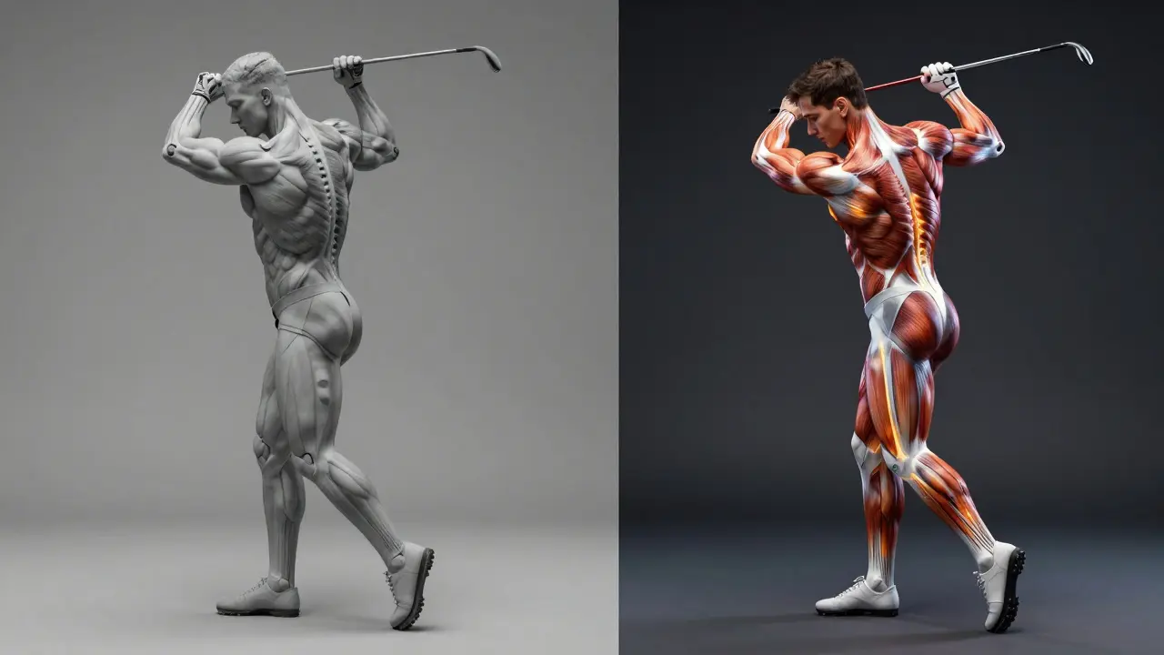 Dvoučelný obraz: napjaté tělo vs. uvolněné tělo s energií při úderu.