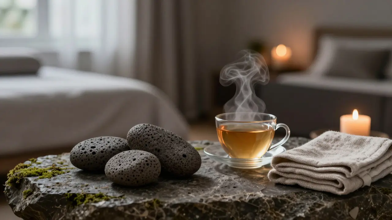 Lávové kameny a čaj na kamenité podložce vedle svíčky, vyjadřující klid a sebepéči po masáži.