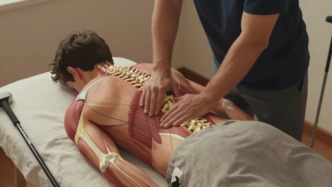 Masér aplikuje sportovní masáž na záda a rameno golfisty v klidné místnosti.