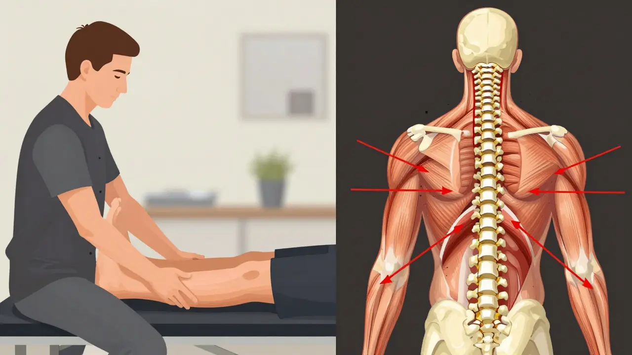 Porovnání jemné Dornovy metody a náhlé chiropraktické korekce v jedné scéně.