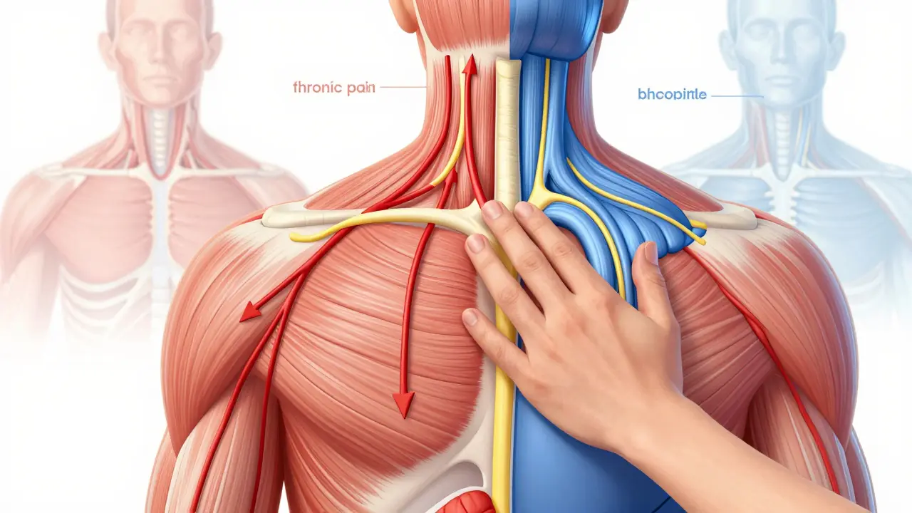 Průřez lidského těla ukazující zlepšení krevního oběhu a uvolnění myofasciálních adhezí díky terapeutické masáži.