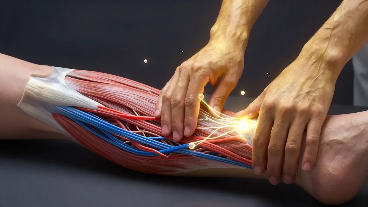 Transparenční ilustrace svalové tkáně s uvolňujícími se myofasciálními uzly pod rukama maséře.