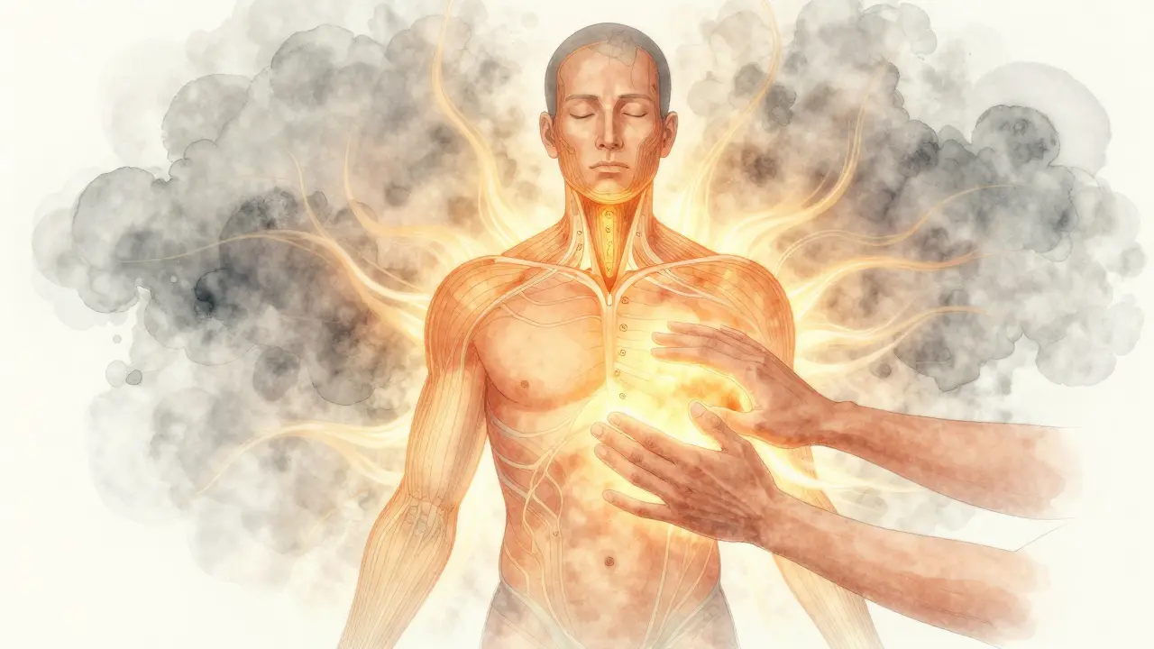 Transparenční obrázek těla s body bolesti a teplými vlnami uvolnění, vytvořený v stylu vodových barev.