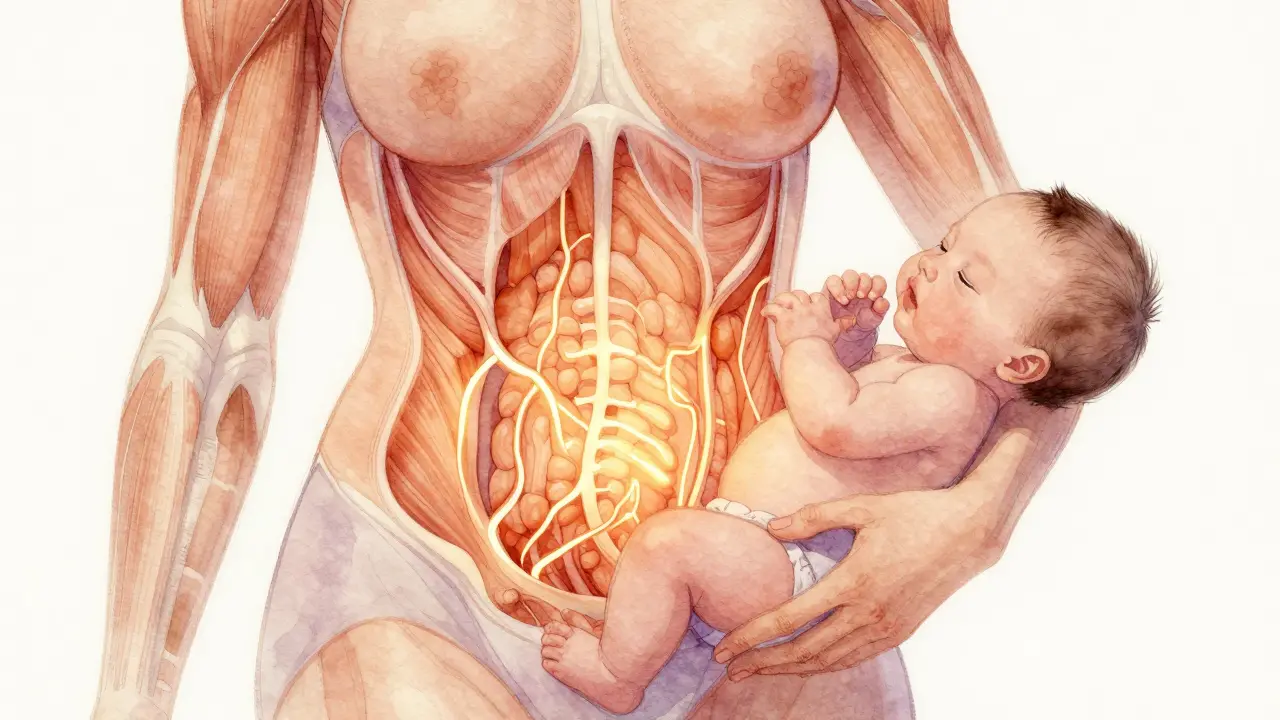 Umělecké znázornění vnitřního hojení těla po porodu: krevní oběh a uvolnění svalů v pánvi a zádech.