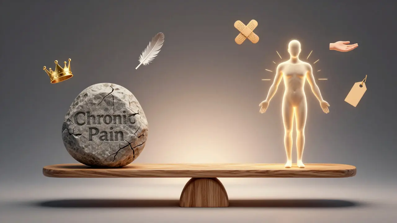 Váha s kamenem bolesti na jedné straně a zářícím tělem na druhé, symbolizující přeměnu díky terapeutické masáži.