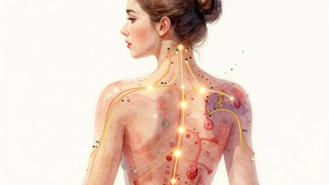 Vodová barva ilustruje energetické meridiány a krevní oběh v pokožce.