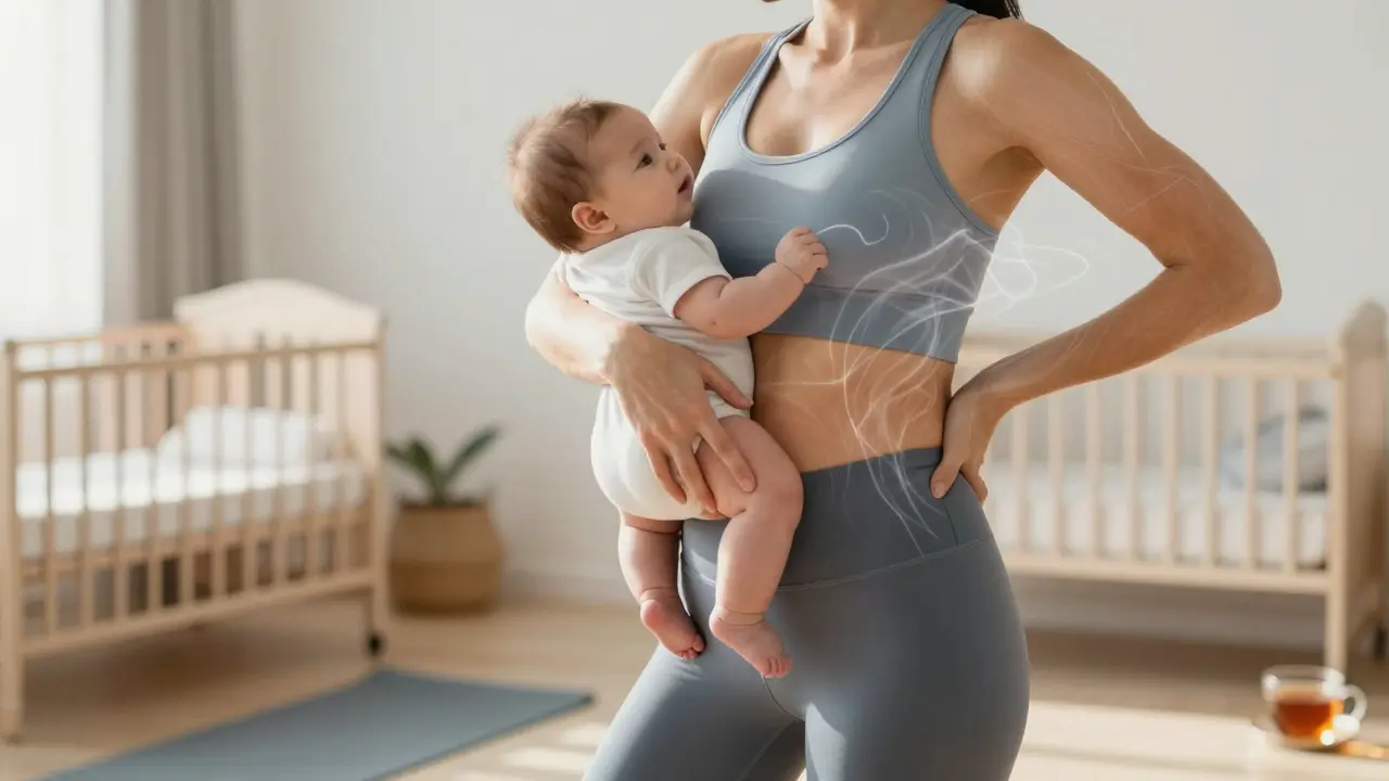 Žena po porodu stojí hrdě, záda volná, drží dítě, kolem ní proudí energie obnovy.