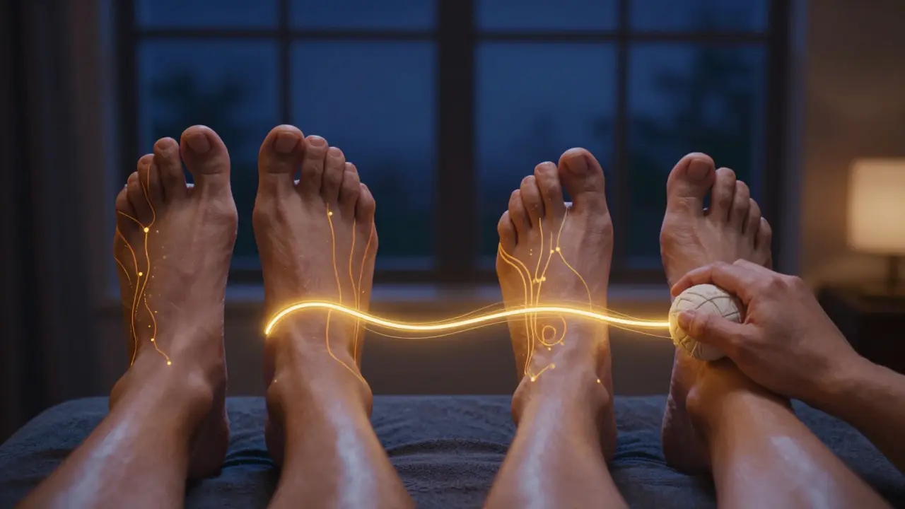 Dvě části scény: unavená chodidla vs. uvolněná chodidla po masáži s přechodovou zlatou čárou.