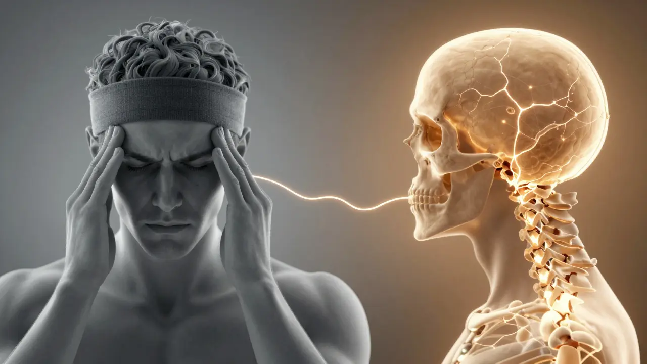 Dvě cesty bolesti: obvodová bolest hlavy vs. bolest vycházející z krční páteře.