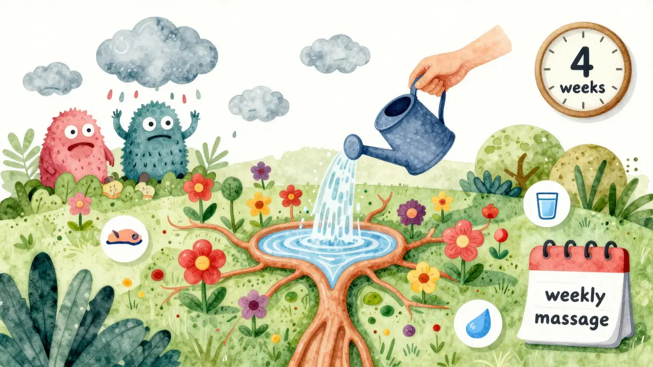Imunitní systém jako zahrada s květinami napájenými lymfou, symbolizující pravidelnou masáž.