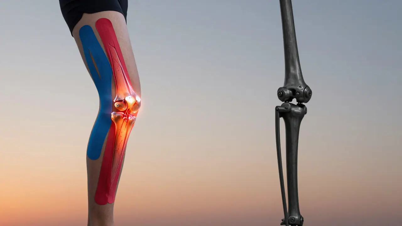 Konceptuální obrázek: elastický tejp podporuje pohyb, tuhý obvaz zastavuje pohyb.