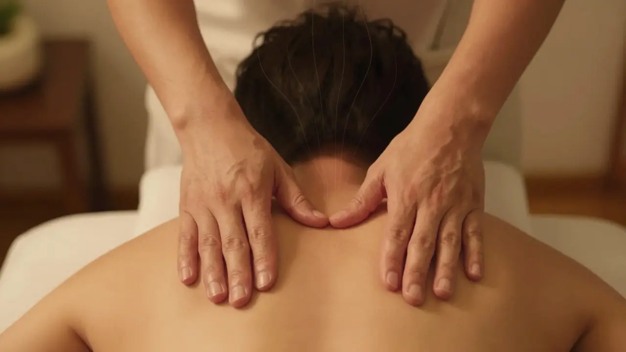 Masérka masíruje podklíční oblast na zádech pacienta.