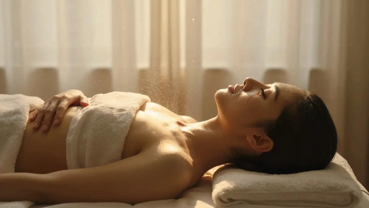 Osoba leží s očima zavřenými, slzy na tváři, zatímco teplo proudí z jejího záda v klidném prostředí.