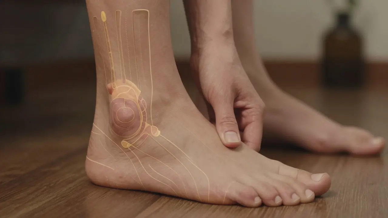 Podrobný pohled na lidská chodidla s naznačenými reflexními body a rukou provádějící masáž.