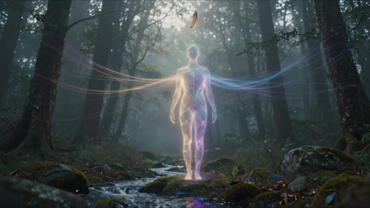Průhledná lidská silueta spojená zlatými a modrými energetickými vlákny s přírodou v lesní krajině v ranním světle.