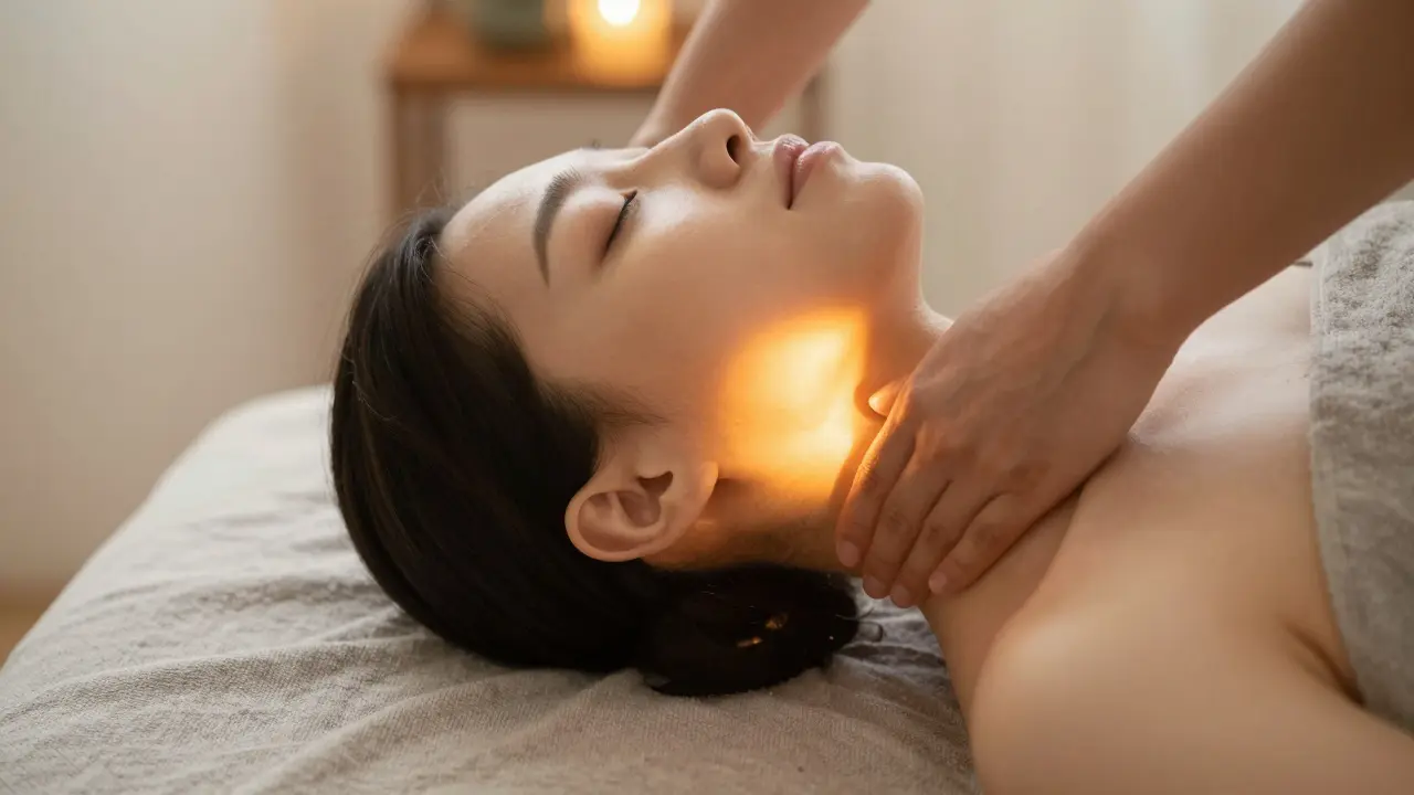 Ruce masírují základ hlavy a krční páteř, člověk v klidu a úlevě.